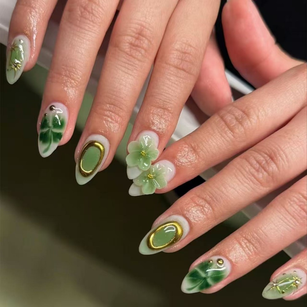 Press On Nail Set - 24PCS Luxury Emerald Green Flower Press