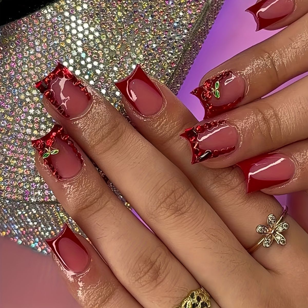 Nail Art French - 24pcs Finished Fake Nails French Red