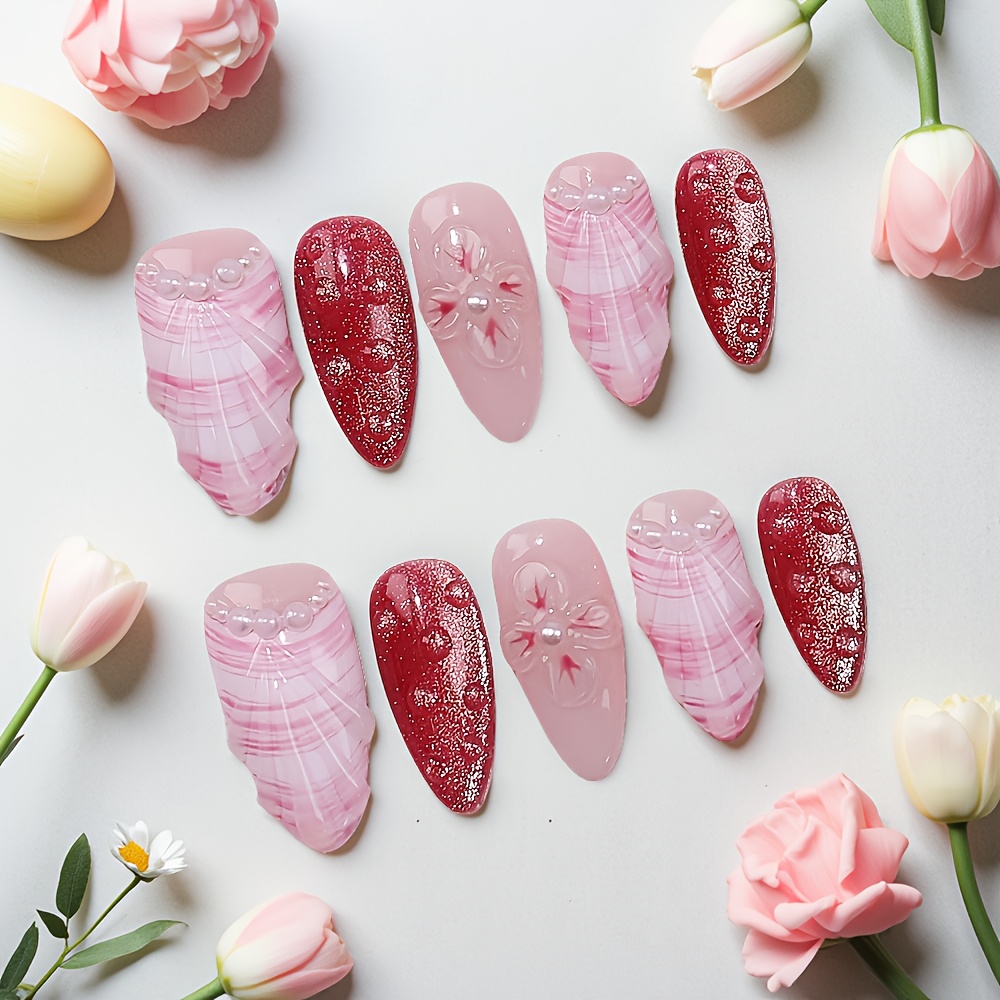 10pcs Medium Almond Handmade P - Nail Art Red recensione e prezzo